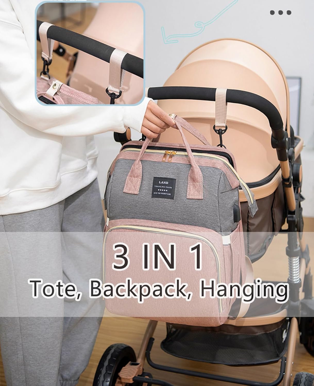 Diaper Bag Backpack with Changing Station: Pink Baby Bags for Girls Bo
