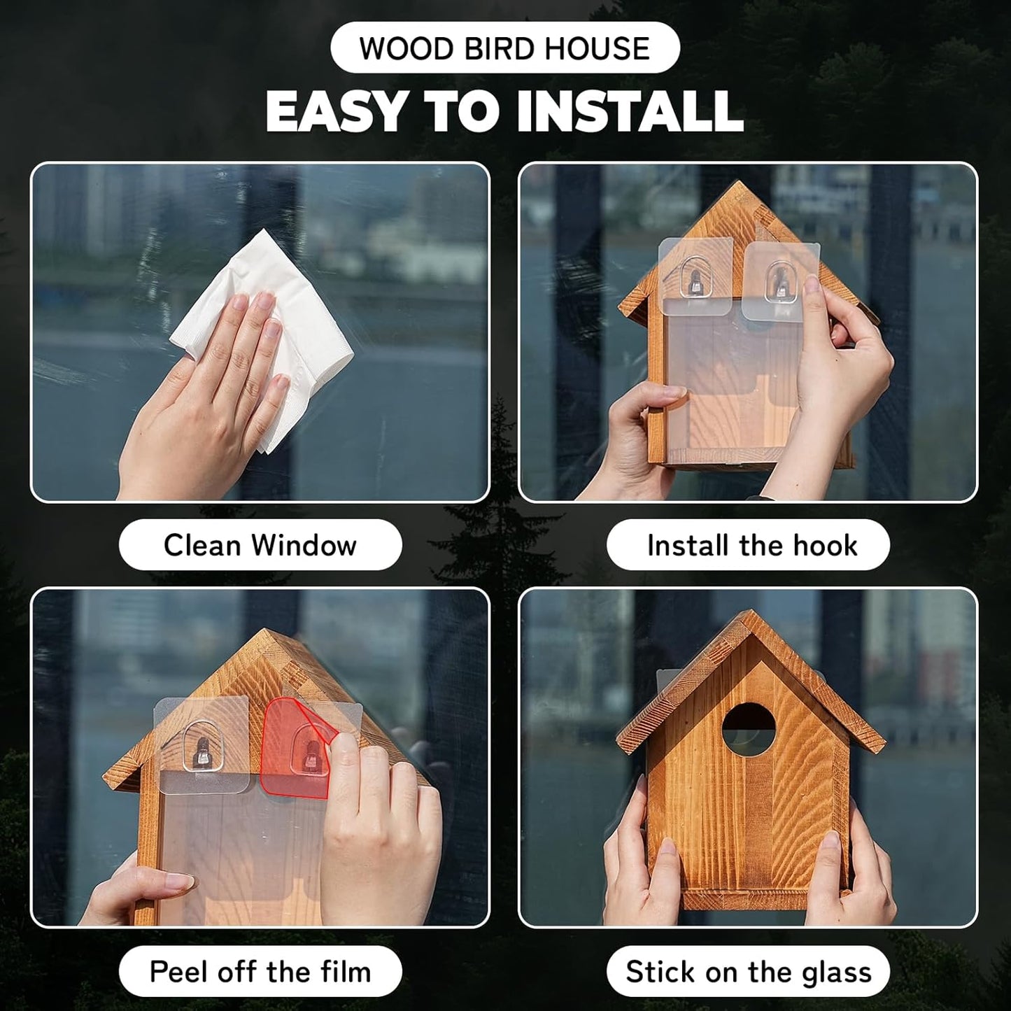 Window Bird Houses for Outside with 2 Powerful Hooks, Clear Window Bird House for Viewing Inside, Hanging Wooden Birdhouses to Paint for Outdoors, Bird Nesting Box for Bluebird Finch Chickadee
