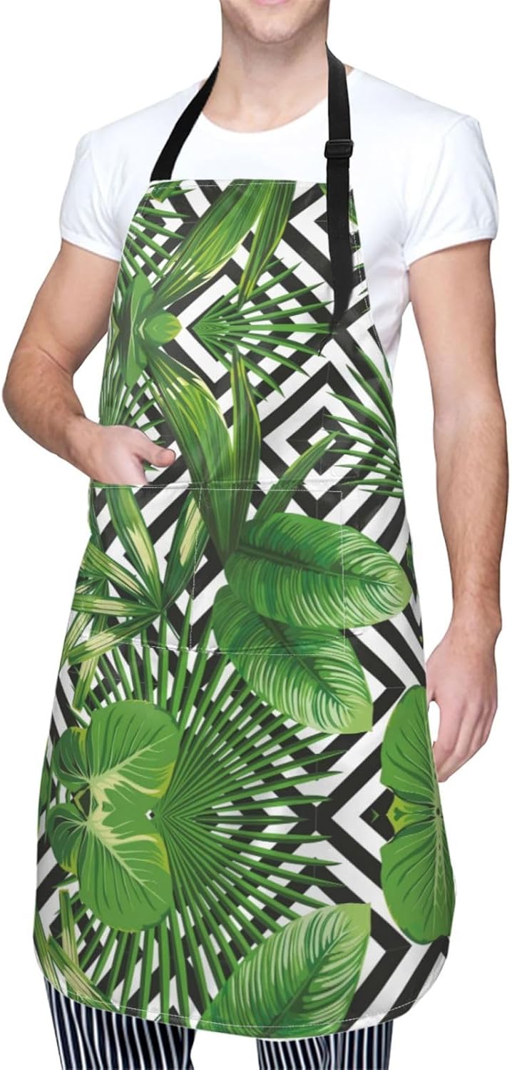 Green Leaves of Palm Tree Tropical Plant Print 28x33 In Adult Kitchen Apron with Pockets Versatile Chef Smock for Cooking Baking
