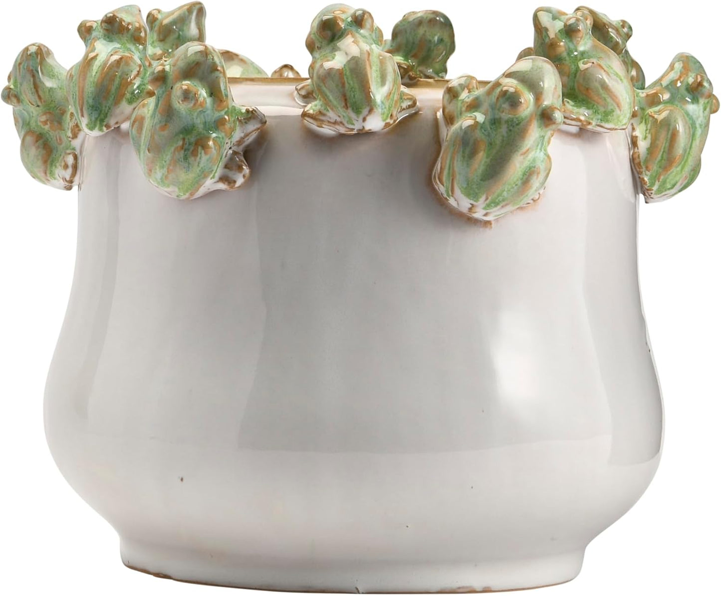 Creative Co-Op Stoneware Planter with Frogs on Rim and Reactive Glaze,
