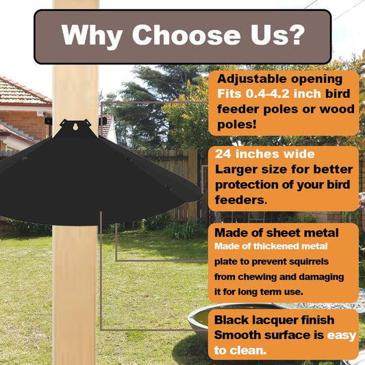 24 Inch Metal Squirrel Baffle,Adjustable Opening Size, for Up to 4x4 Wide Wooden Post,Squirrel Baffle for Bird Feeders Without Removing Bird Feeder Poles Or Shepherd's Hooks.Deep Black 1Pack