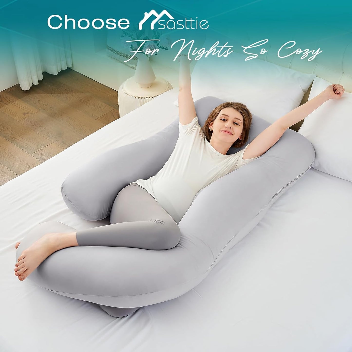 Sasttie Pregnancy Pillows for Sleeping, U Shaped Cooling Full Body Pillow with Removable Cover, Pregnant Women Must Haves, Maternity Essential, Light Grey