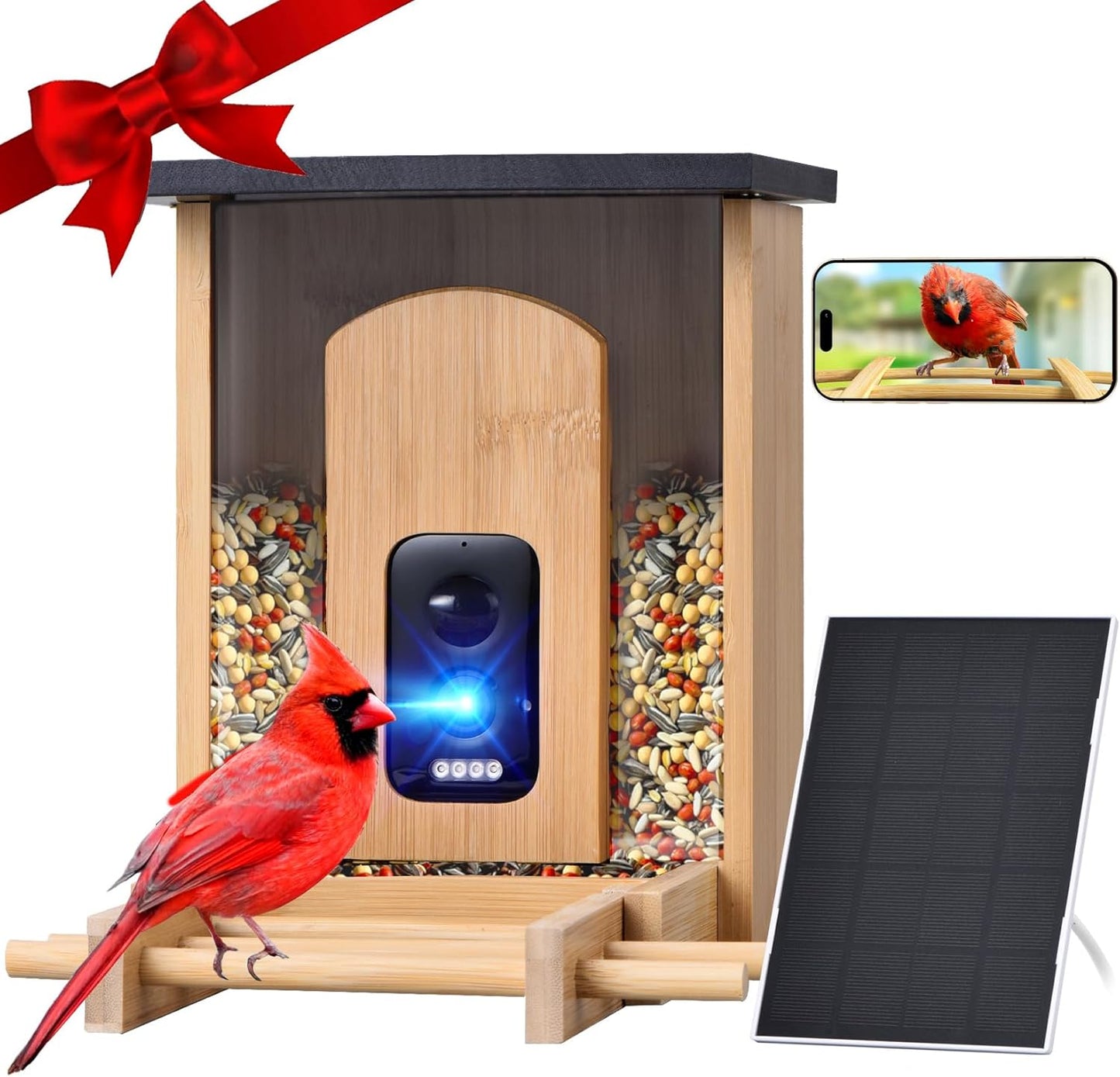 Camera Bird Feeder,Smart Bird Feeder with Camera,High-End Bamboo Birds Watching Cam,2K HD Came Solar Powered,AI Identify 16000+,Auto Capture Birds & Notify in Time, Ideal Gift for Backyard Birder