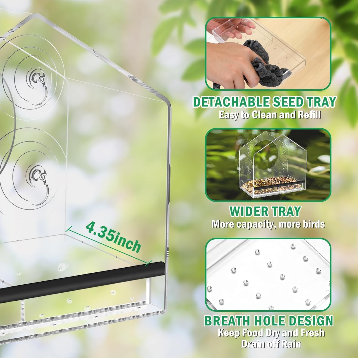 Window Bird Feeder with Strong Suction Cups for Outdoor Bird Watching, Sturdy Durable with Dual Detachable Seed & Water Trays, Easy Clean & Refill, Gift for Mom Bird