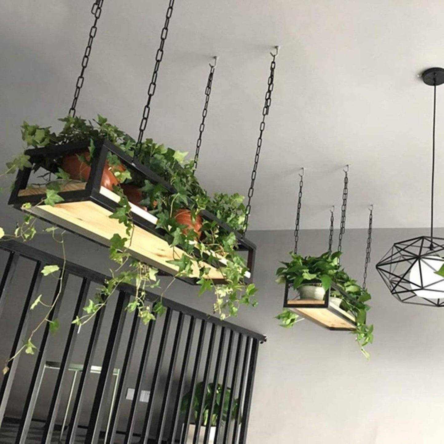 Creative Ceiling Shelf Plant Stand - Floating Flower Pot Rack, Wood & Metal Railing Shelf for Bar Decor, Indoor/Outdoor Display, 60x25x15cm, Perfect for Home & Garden