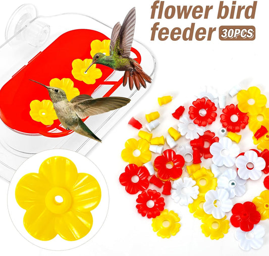 30Pcs Hummingbird Feeder Parts Hummingbird Feeder Replacement Flowers with Cleaning Brush Pet Hummingbird Feeder for Hanging Feeding Hummingbird Outdoors, 3 Colors (White, Yellow, Red)