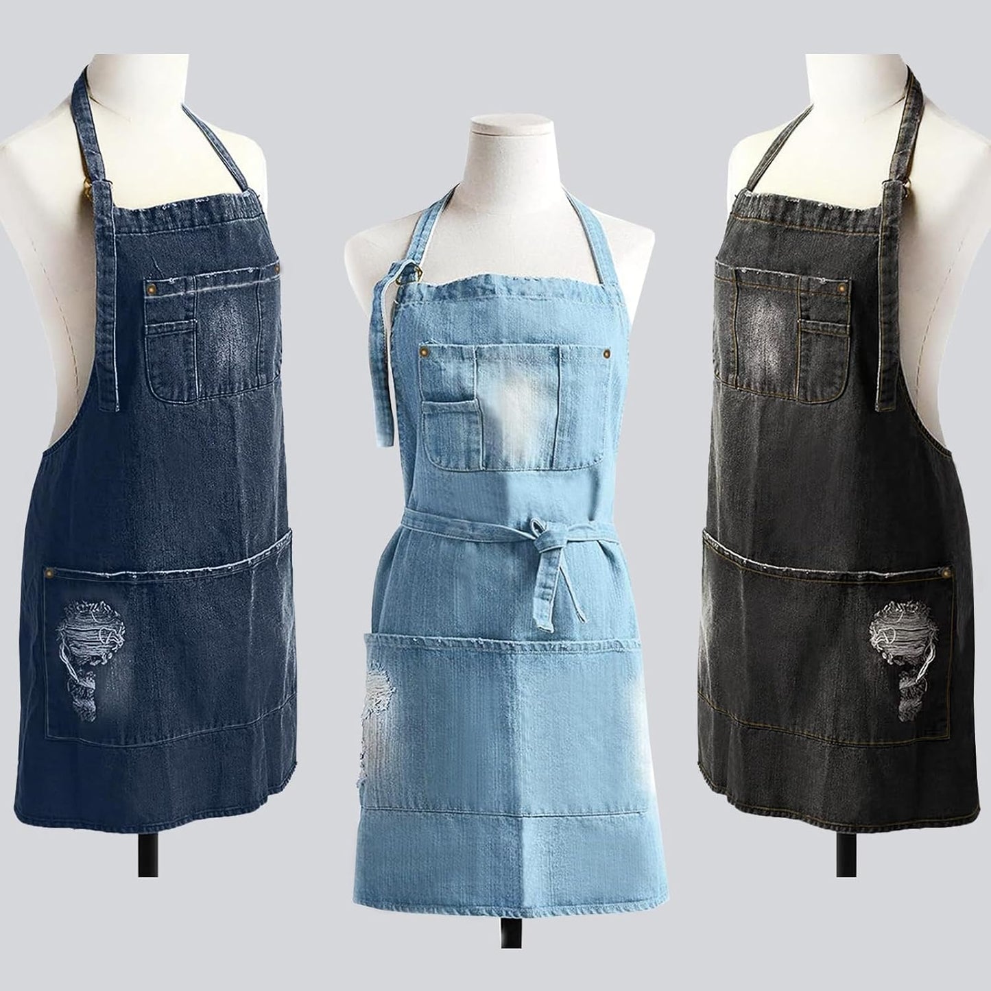 Denim Apron With 5 Pockets for Kitchens,Hairstylist Aprons for Women M