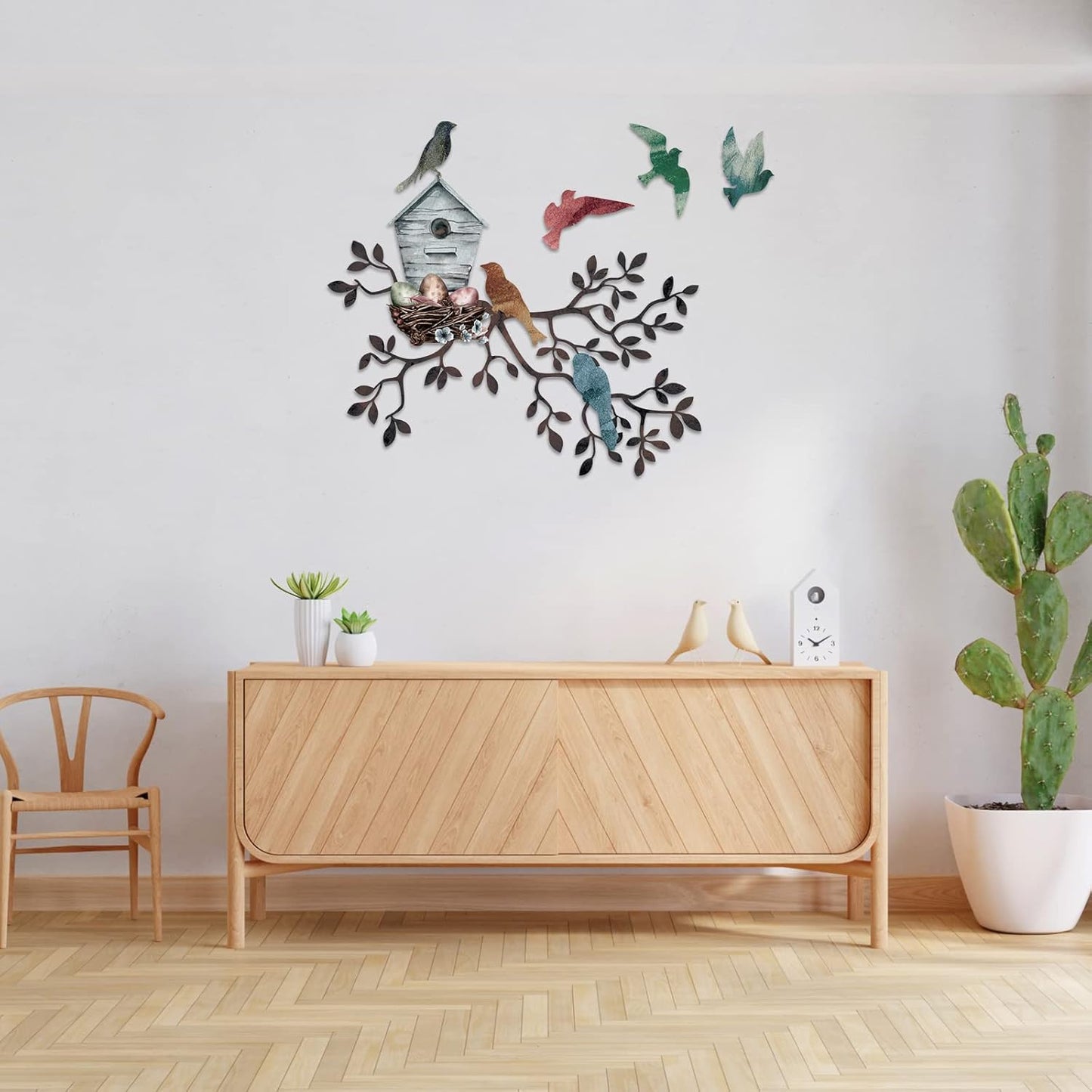 Tatuo Metal Bird Wall Art Birds on The Branch Wall Decor Hanging Metal Tree with Birdhouse for Living Room Tree Leaf Decor for Indoor Outdoor Garden Bedroom Office Home Housewarming Party
