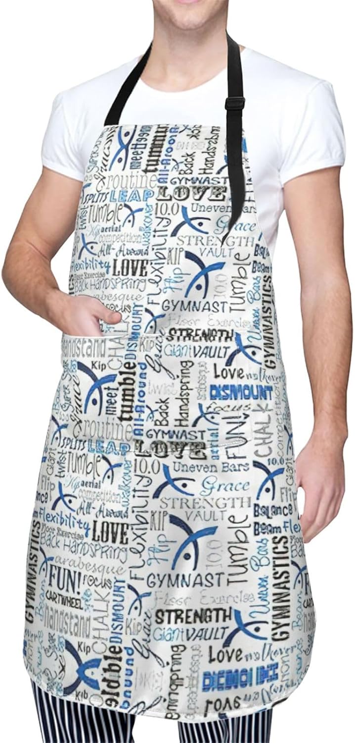Gymnastics Blue print Waterproof apron with pocket adjustable cooking apron for adult kitchen bibs to bake