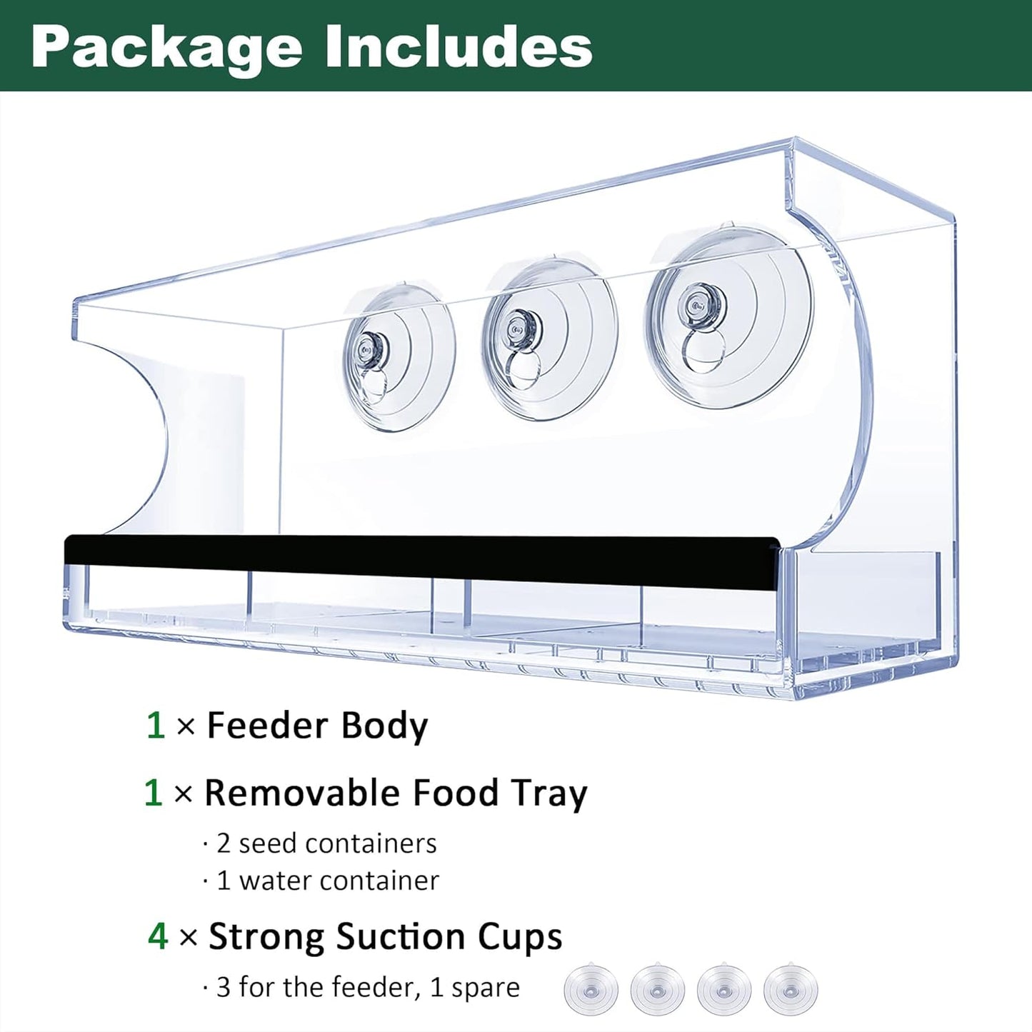 Window Bird Feeder with Strong Suction Cups, Large Clear Window Bird Feeders for Outside, Transparent Viewing Acrylic Birdfeeder for Wild Birds, Removable Seed Tray with Drain Holes, Easy to Clean.