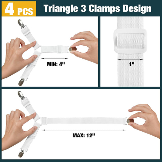 4 Pack Adjustable Elastic Straps with Metal Clips, Bed Sheet Fasteners in Assorted Four Sizes, Bedding Suspenders for Mattress Covers, Bed Corner Holders and Keepers (White)