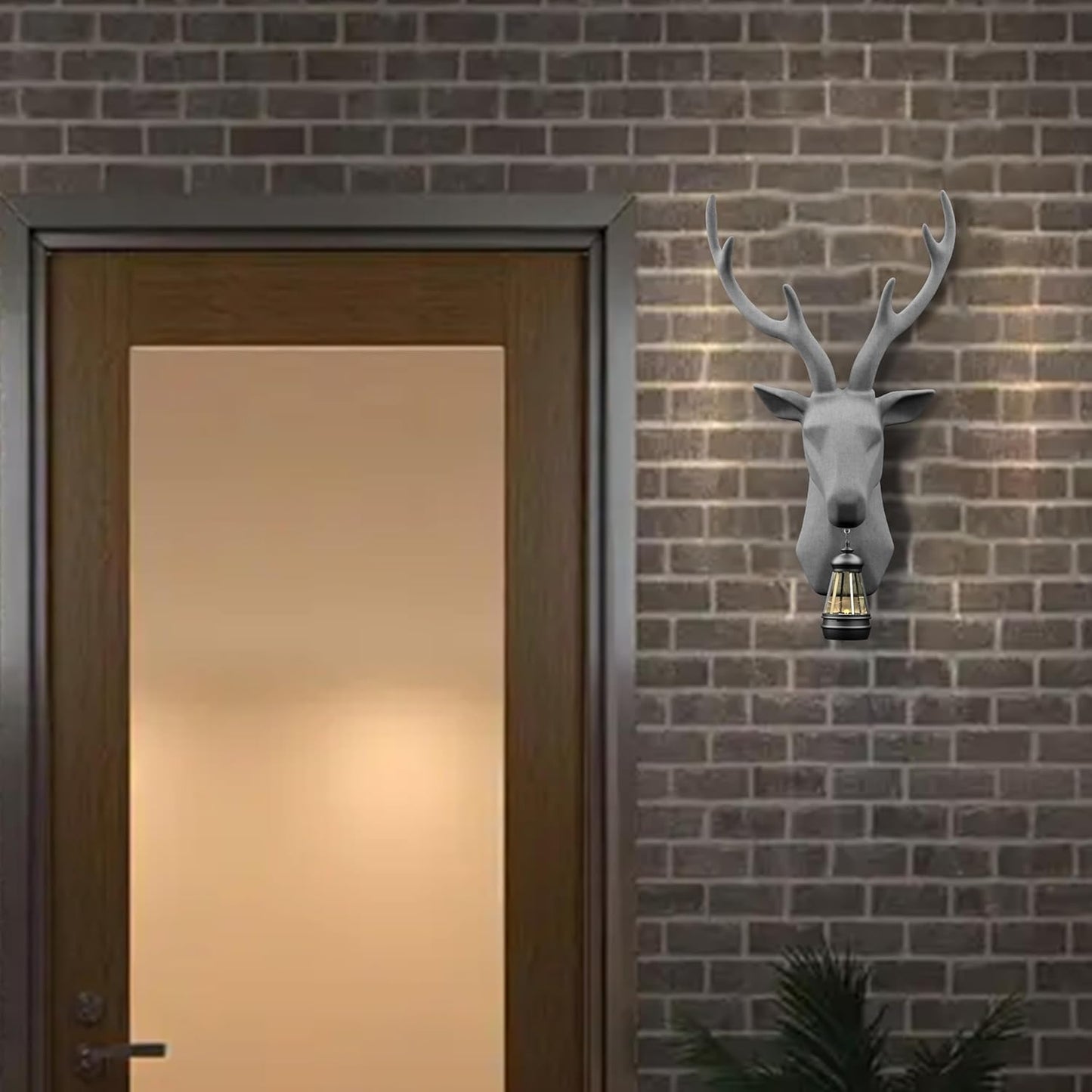 Deer Head Wall Mount with Solar Light, Waterproof Resin Material, Animal Head Wall Decor for Living Room Doorway Garden Gallery Studio Easy Assembly, Unique Gift Idea (Grey-1)