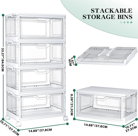 Clear Storage Bins with Lids - 4 Tier Plastic Bins with Wheels, Stacka