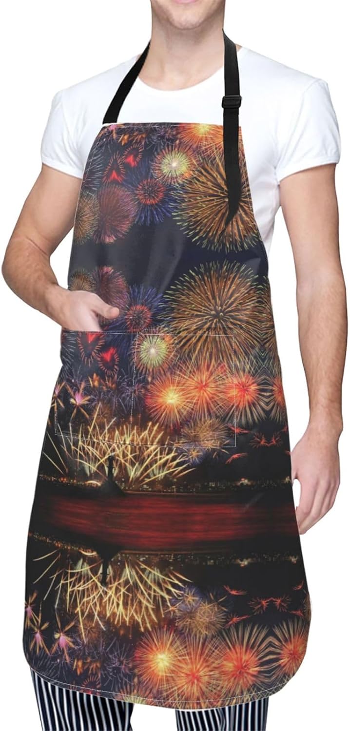 Fireworks Print 28x33 In Adult Kitchen Apron with Pockets Versatile Chef Smock for Cooking Baking