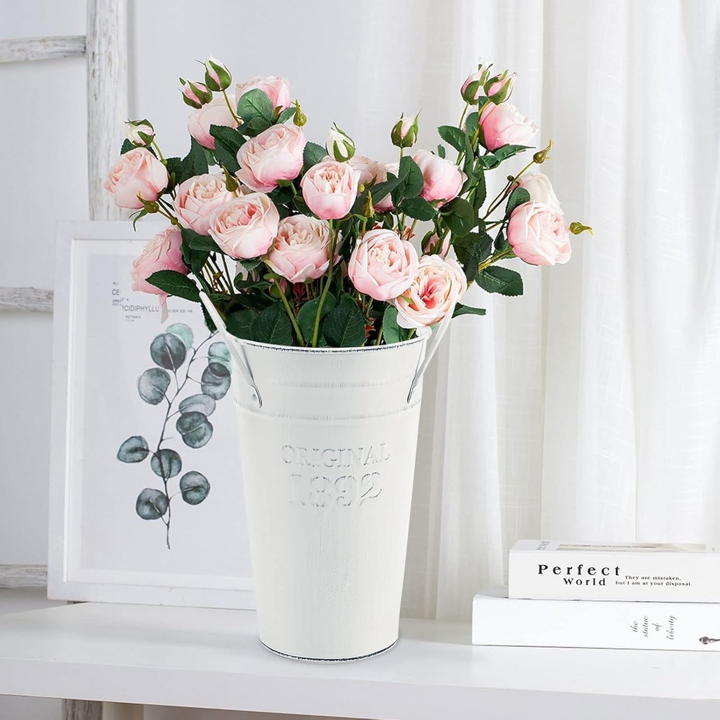 MOUYAT 4 Packs 8 Inch Vintage Metal Galvanized Flower Vase, Tall Galvanized Metal Planter Bucket with Handles, Farmhouse French Bucket for Centerpiece Wedding Decor, Floral Arrangements, White Cream