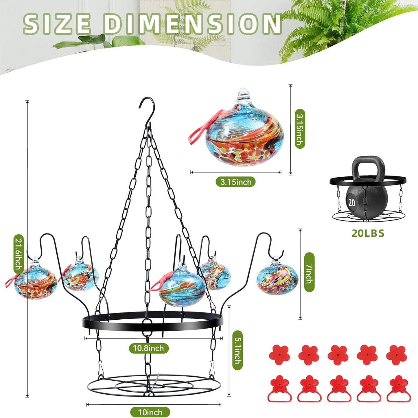Hand Blown Glass Hummingbird Feeders for Outdoors with Hanging Planter(11 inch),Metal Hanging Plant Holder and Glass Hummingbird Feeder 2-in-1(POTS NOT Included)