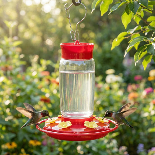 Plastic Hummingbird Feeders for Outdoors 2 Pack - 20oz Leak Proof, 6 Bee-Proof Ports with Ant Moat, Wide Mouth Easy Clean, Stainless Steel Locking Clasp for Backyard, Garden & Deck Use