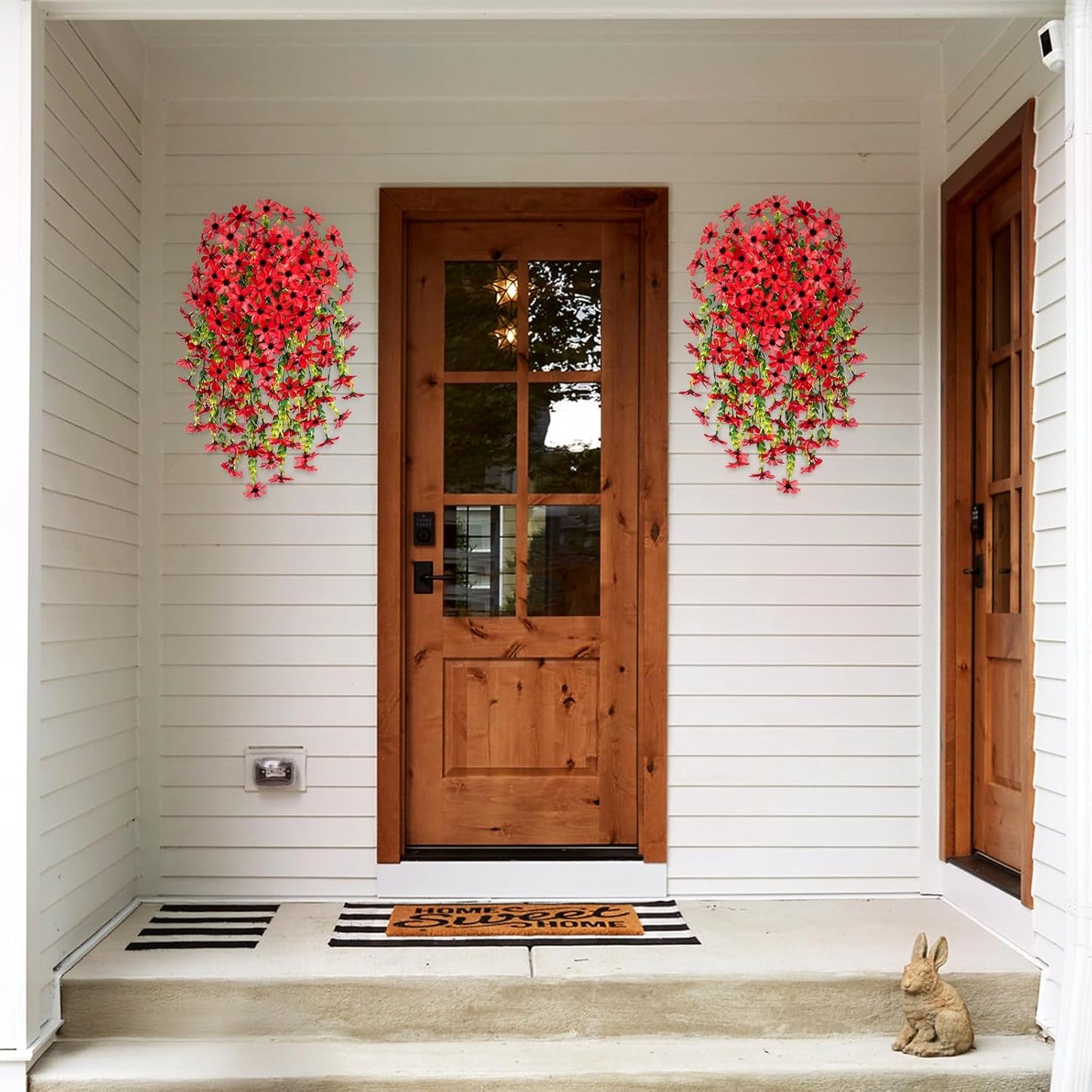 Artificial Fake Spring Summer Hanging Flowers Plants with Basket Outdoor Flower Decor, Faux Silk Colorful Daisy in Metal Coconut Lining Pot Plastic Decor Farmhouse Home Garden (Red)