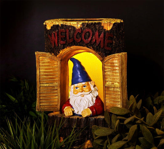 Gnome Welcome Garden House Outdoor Decor Stump with Solar Lights