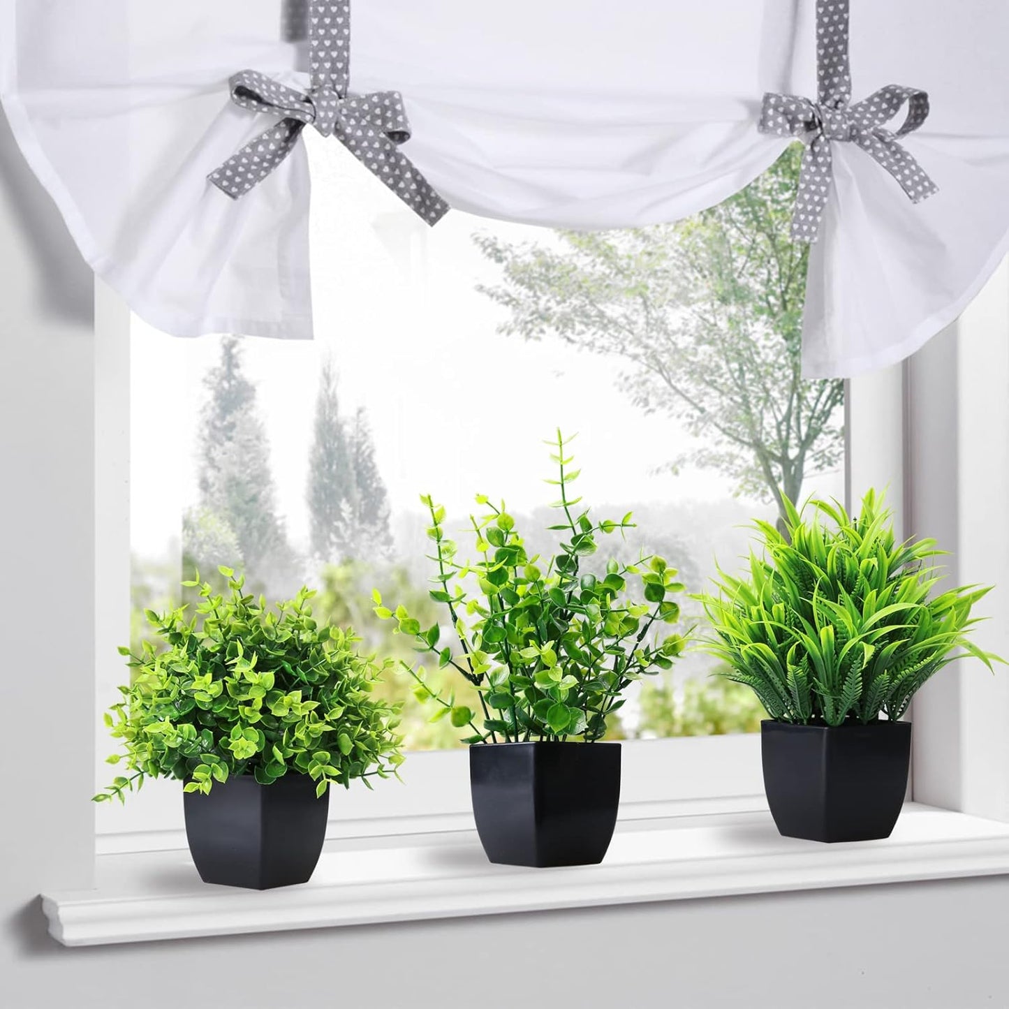 GREENTIME Artificial Potted Plants Set of 3 Mini Fake Plant 3 Pack Small Eucalyptus Black Potted Wheat Grass Faux Greenery for Home Office Desk Bathroom Shelf Bedroom Indoor Decorations