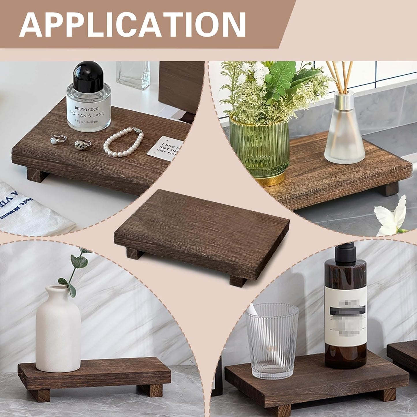 2 PCS Wood Riser for Decor, Wood Pedestal Stand Risers for Bathroom Kitchen Counter Vanity Sink, Farmhouse Wooden Tray for Soap Bottle Makeup Candles Jewelry Plant, 9 x 5.9 x 1.57 Inch