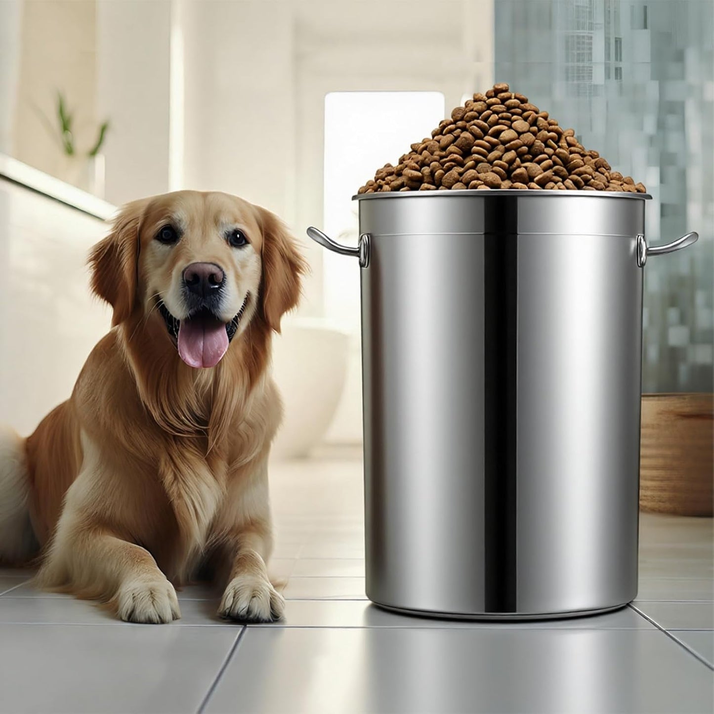 Maxdot 45 Lbs Stainless Steel Food Storage Container for Dog with Airtight Bamboo Lid Spoon & Wooden Claw Handle, Large Metal Pet Food Bin to Keep Fresh Easy Clean & Use for Dog Multiple Pet