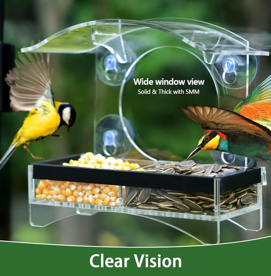 Window Bird Feeder with Strong Suction Cups - Transparent Bird House for Cat, Kids & Elderly Viewing - Polyurethane
