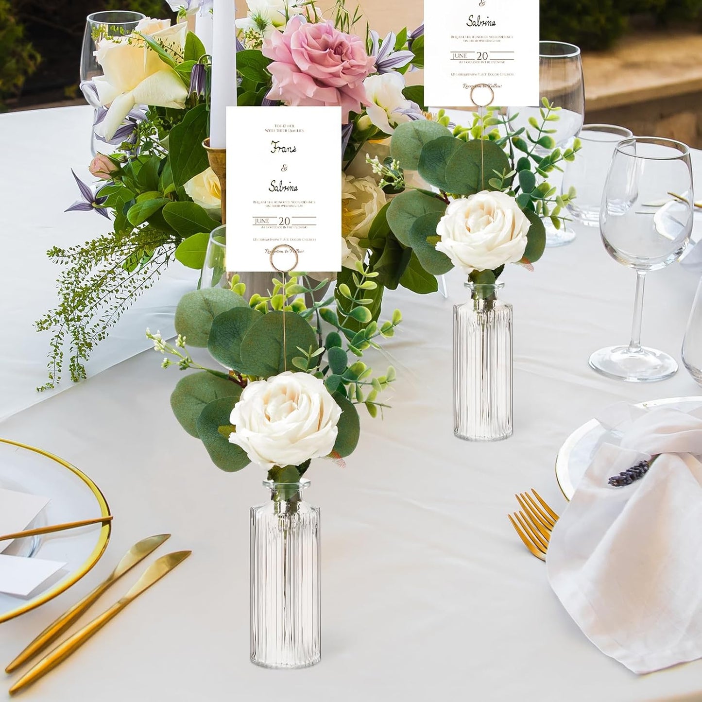 12 Set Artificial Flowers with Vases and Table Number Holder 72 Pcs Glass Bud Vases, Fake Plants and Card Holder Picks Flower Table Centerpieces DIY Set for Wedding Home Dining Party Decor