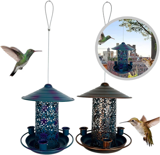 Bird Feeders Water Cup Bird Feeders Large Capacity Feeding Stations Tray Hanging Seed Platform Metal Tray, Blue