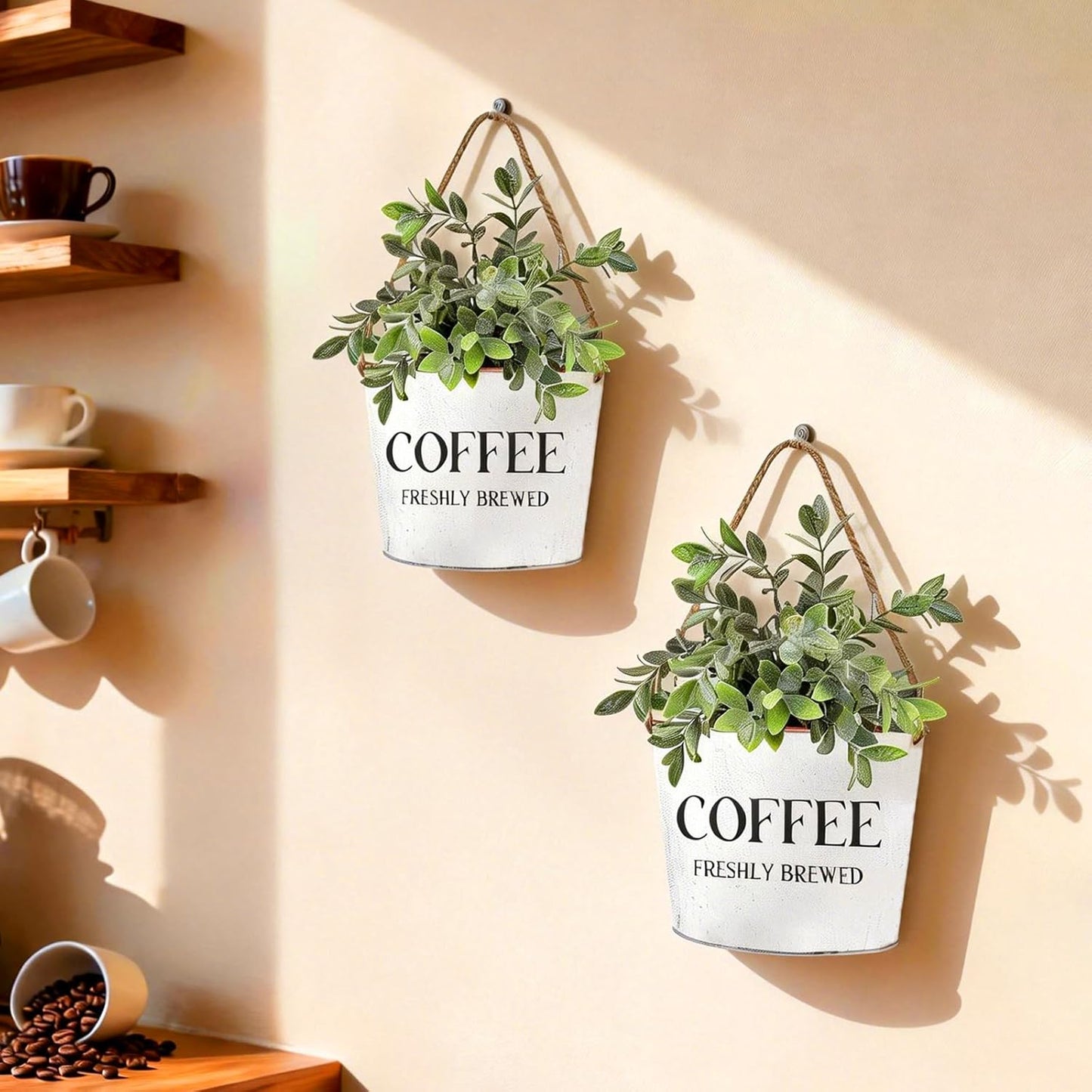 Coffee Bar Decor - 2 Pcs Rustic Farmhouse Wall-Mounted Planters, Decorative Flower Pots for Coffee Bar Walls, 6.2x5.5x4.3 Inches | Greenery Not Included