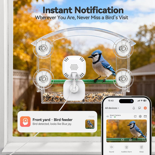Dzees Window Bird Feeder with Camera, 2K HD Live Stream & AI Bird Identification, Smart Bird Feeder for Window Mount, Auto-Capture, 2.4GHz WiFi, Strong Suction Cup Installation, Gift for Bird Lovers