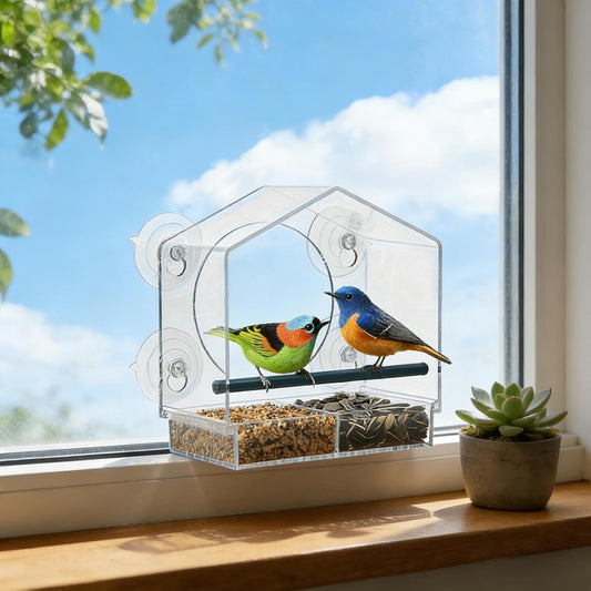 Suction Cup Bird Feeder, Spill-Proof Food Box, Detachable Clear Acrylic Feeder for Window Viewing, Indoor and Outdoor Bird Watching, Perfect for Deck, Patio, Balcony, Kids’ Observation, and Backyard