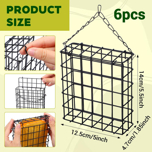 6 Pack Suet Bird Feeders, Outdoor Hanging Metal Cage for Wild Birds, Single Suet Cake Capacity, Garden and Yard Decor