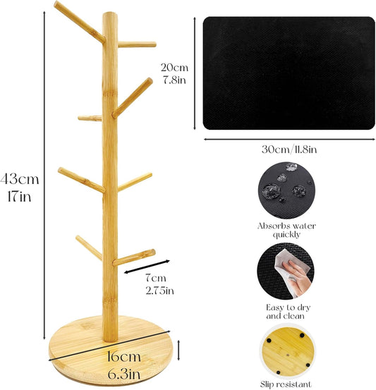 SNAIL GARDEN Coffee Mug Holder with Absorbent Drying Mat, 8-Hook Wood Coffee Cup Stand,Mug Tree Coffee Cup Holder for Kitchen Countertop, Cup Hanger Mug Racks for Bar & Office Organizer