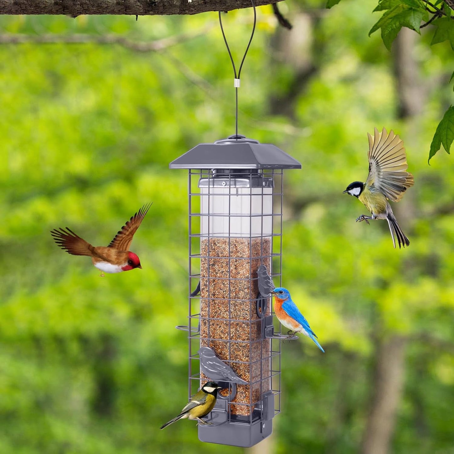 Squirrel Proof Bird Feeder, Metal Mesh Bird Feeder for Outside, Large Capacity and 4 Ports Perches (Silver Gray)