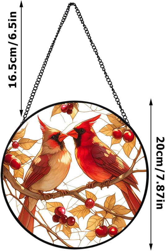 Stained Glass Style Cardinal Suncatcher, 7.87 Inch (20cm) Round Real Glass Window Hanging with Gift Box and Chain, Bird Decor Gift