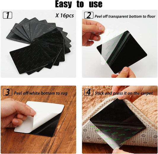 16 PCS Grippers of Rug Pad, Non-Slip Carpet Gripper for Hardwood Floors and Tile, Reusable and Washable Area Carpet Tape, Double-Sided Adhesive Pads, Keeps Corners Flat