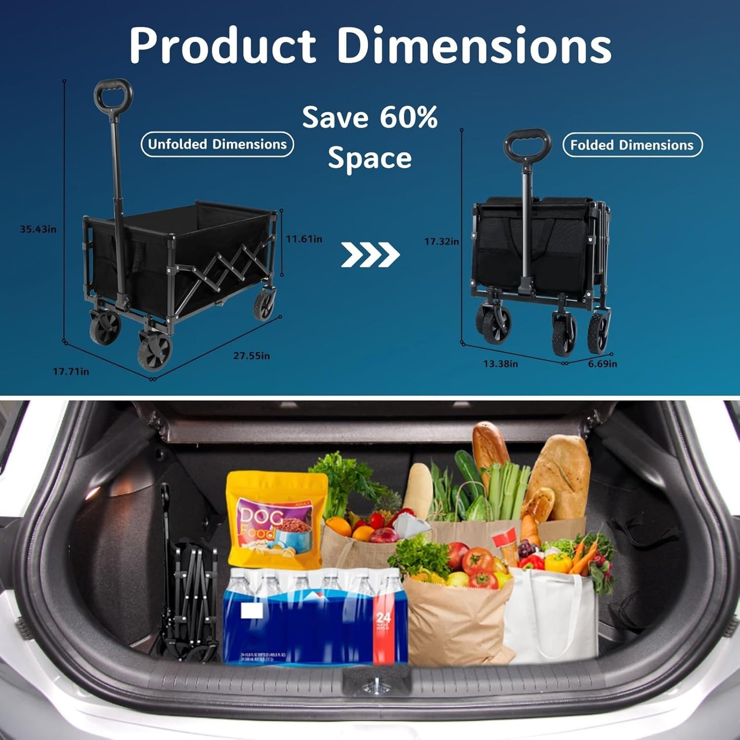 Max Collapsible Folding Wagon - Heavy Duty Utility Cart, 65L Capacity, 380 lbs Load, All-Terrain Wheels, Compact Fold for Camping, Garden, Beach, Shopping (Black)