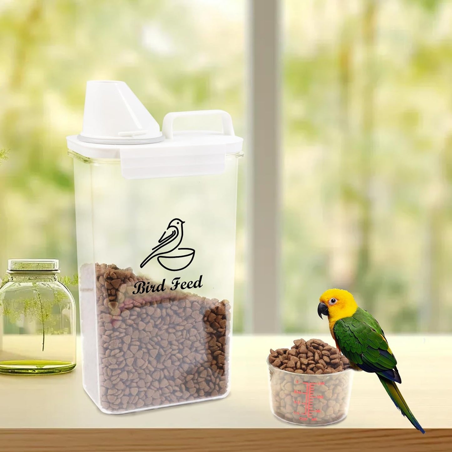 Bird Seed Storage Container Portable,2.5L/3 Qt Airtight Pet Food Container with Measuring Cup,Bird Food Container for Wild Bird Sunflower Seed-BPA Free Transparent
