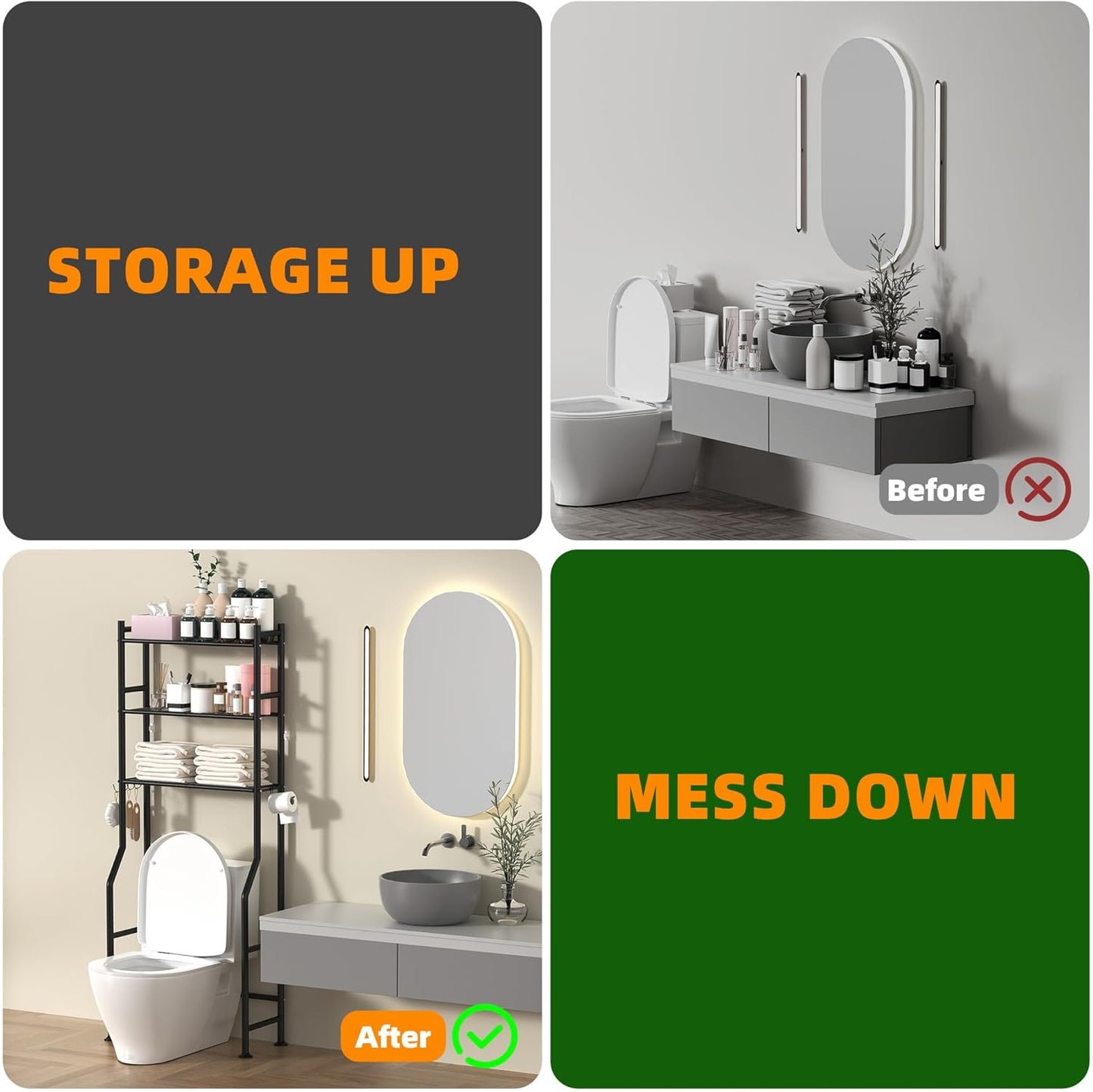 3-Tier Over Toilet Storage with Anti-Tilt Safety System - 150lb Total