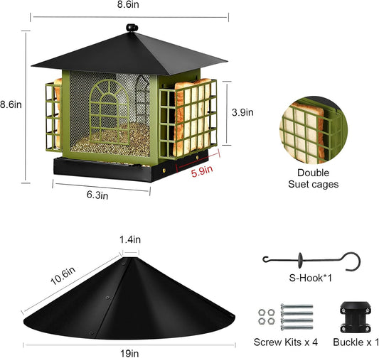 Large Squirrel-Proof Bird Feeder for Outdoors Hanging,Metal Bird Feeder with Squirrel Baffle,& Double Suet Cage,Suet Feeder,Humming Finch Cardinal Woodpecker Feeder,Great for Attracting Wild Birds