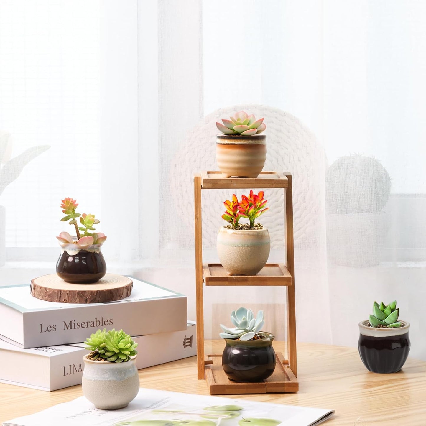 T4U Mini Ceramic Succulent Pots with Drainage - Set of 6, Tiny Pots for Plants, Home and Office Decor, Plant Lover Gifts for Women