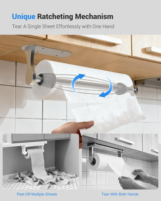 Paper Towel Holder Under Cabinet, One-Handed Tear, Wall Mount, Adhesive, Silver, Paper Roll Holder with Ratchet Mechanism for Kitchen Bathroom Farmhouse Essentials Decor Accessories