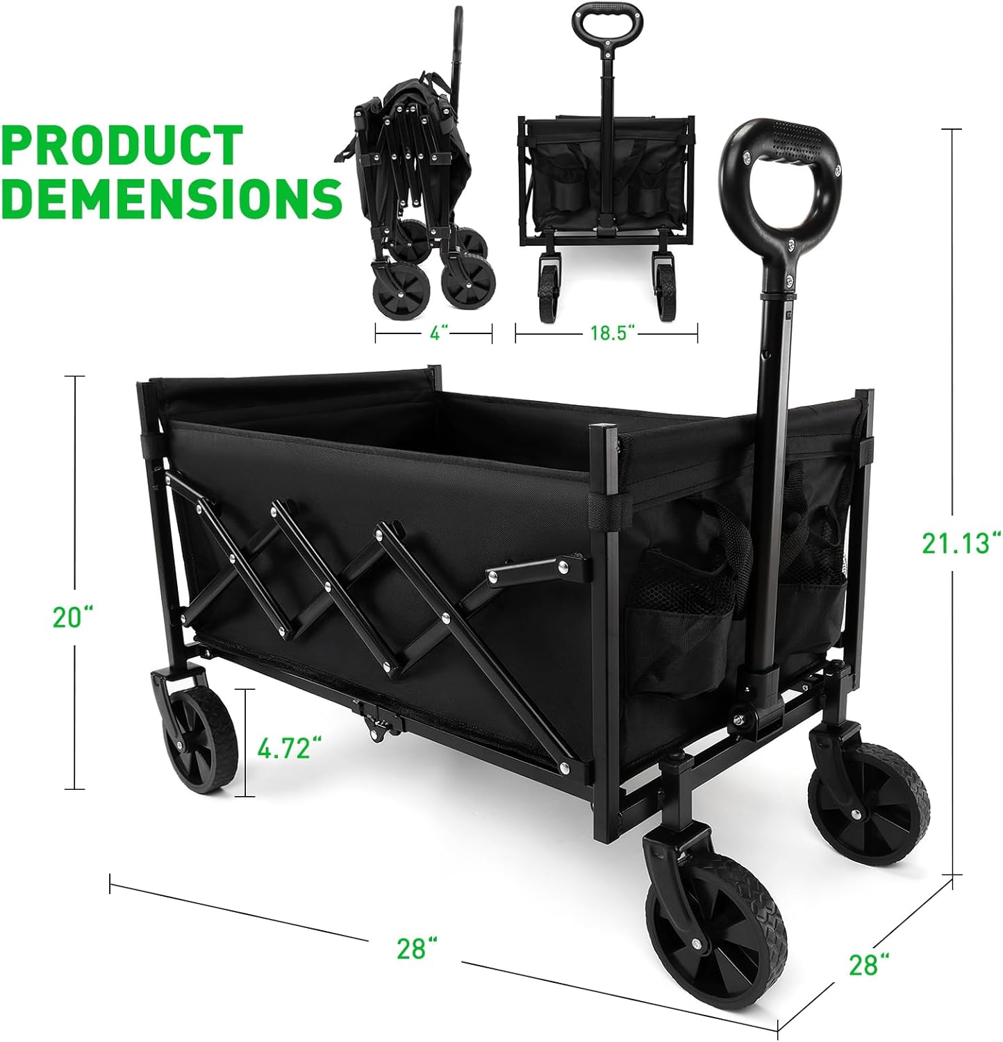 Collapsible Foldable Camping Cart, 200lbs Foldable Wagon Cart with Wheels, 150L Shopping Cart for Groceries Folding Utility Wagon for Beach, Garden, Camping, Sport, Black
