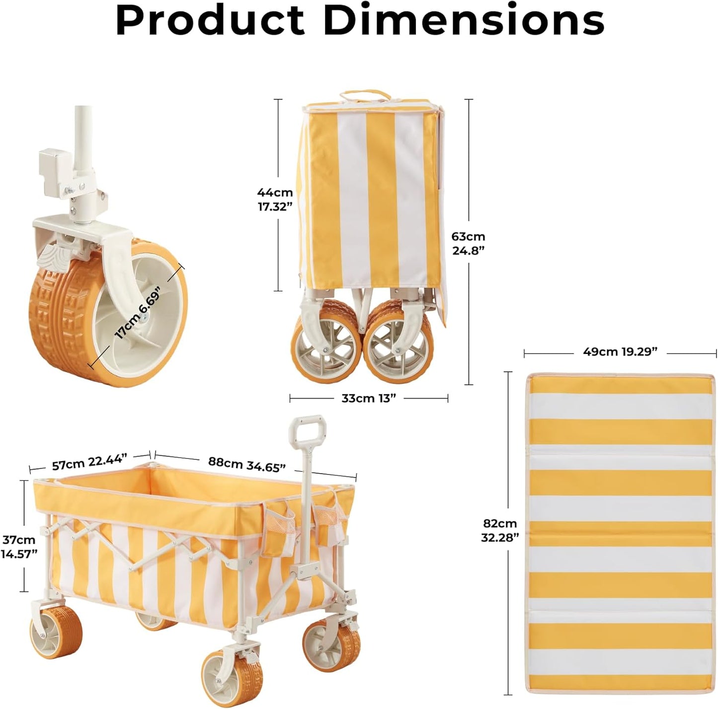 Beach Wagon for Sand with 6.7" Fat Tires, Foldable Beach Cart for Beach & Camping, Large Capacity Easy-Pull Wagon, Cala Serena Ochre Stripe