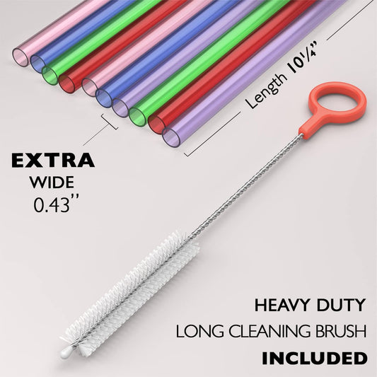 10 EXTRA WIDE Long Reusable Hard Plastic Drinking Straws + Cleaning Brush - Fat Thick Large Jumbo Straws for Smoothies, Milkshakes, Thick Drinks - Assorted - Dishwasher Safe BPA Free