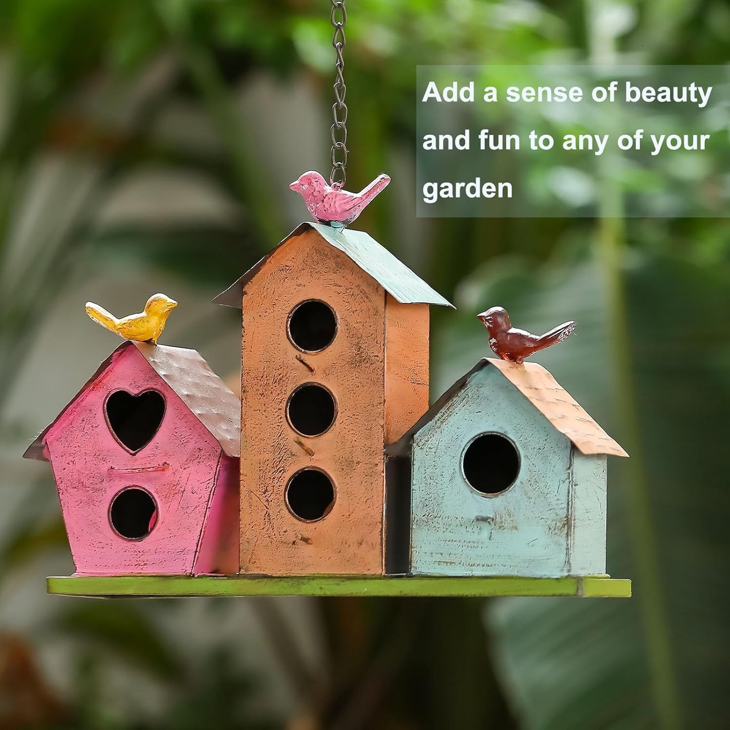 Jemeni Large Bird House for Outside, 3-Room Metal Birdhouse with Easy Clean Door, Weather Resistant Vintage Decorative Cottage for Finches Wrens Cardinals