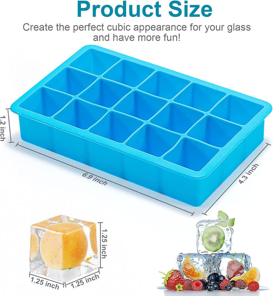 2 Pack Ice Cube Trays, ZDPMK Silicone Easy Release Flexible Molds 15 Ice Cubes Tray for Freezer,Cocktail,Whiskey,Reusable & BPA Free