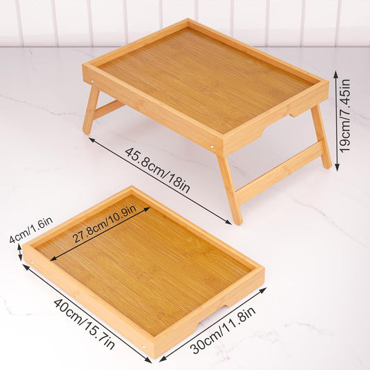 2 Pack Bamboo Bed Tray Table with Folding Legs,Breakfast Trays,Serving