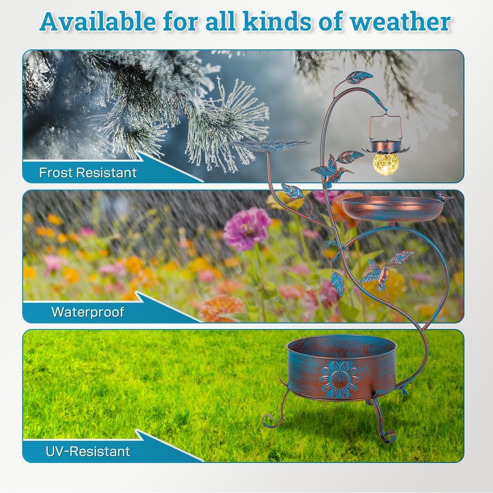 dreamysoul Metal Bird Bath for Outside, Birdbaths Outdoors with Planter and Feeder, Garden Blue Bird Baths with Solar Lights